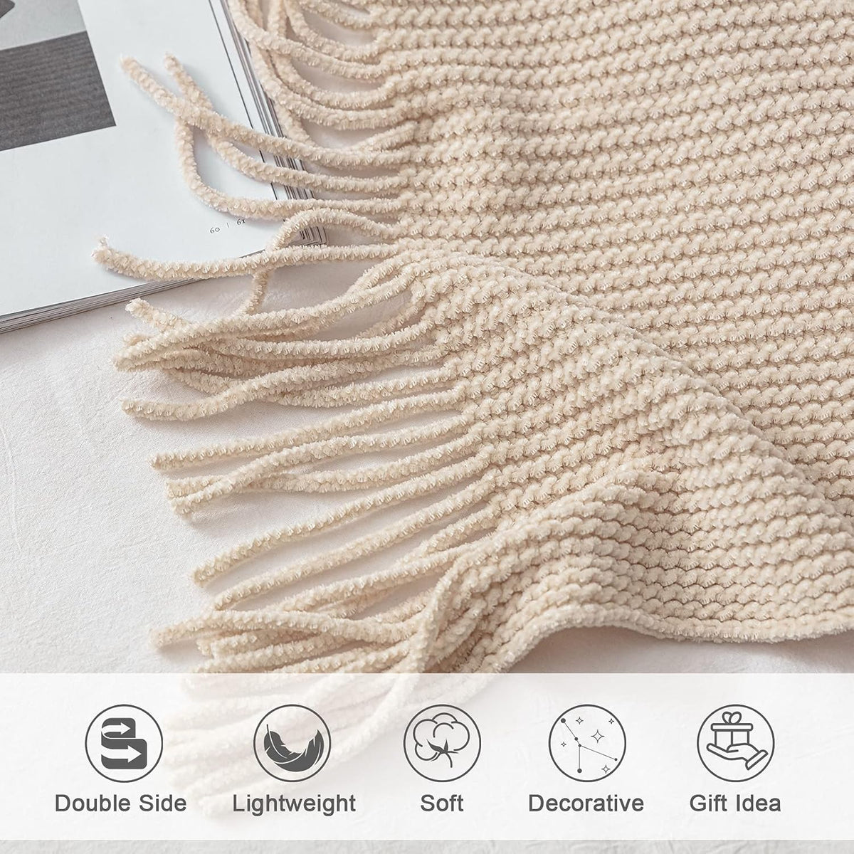 lifein Throw Blanket for Couch, Soft Boho Decor Bed Throw,Cozy White Chenille Knitted Small