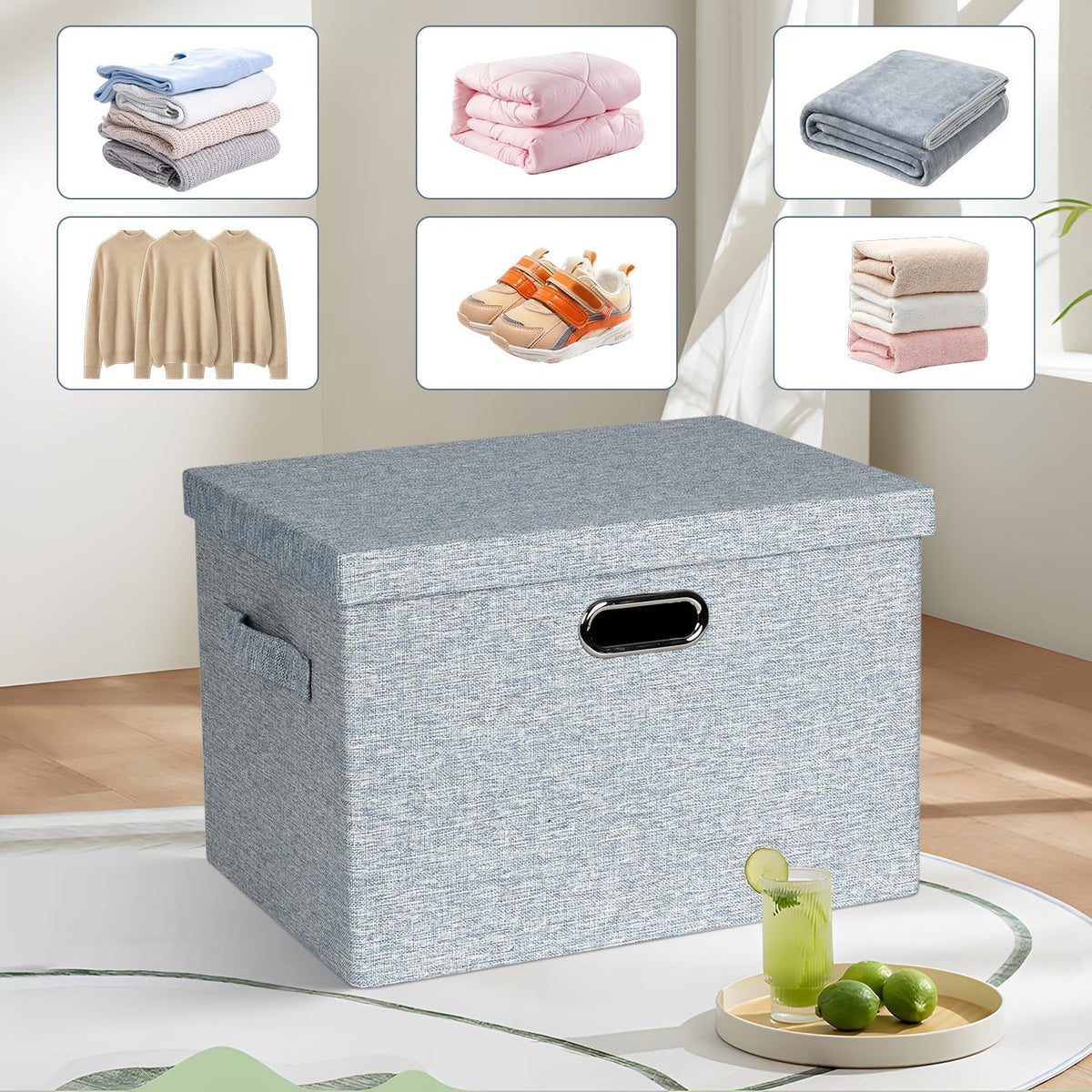 Large 17" 36 Quart Collapsible Stackable Storage Bins with Lids, 3 Packs Blue-Grey Linen Fabric