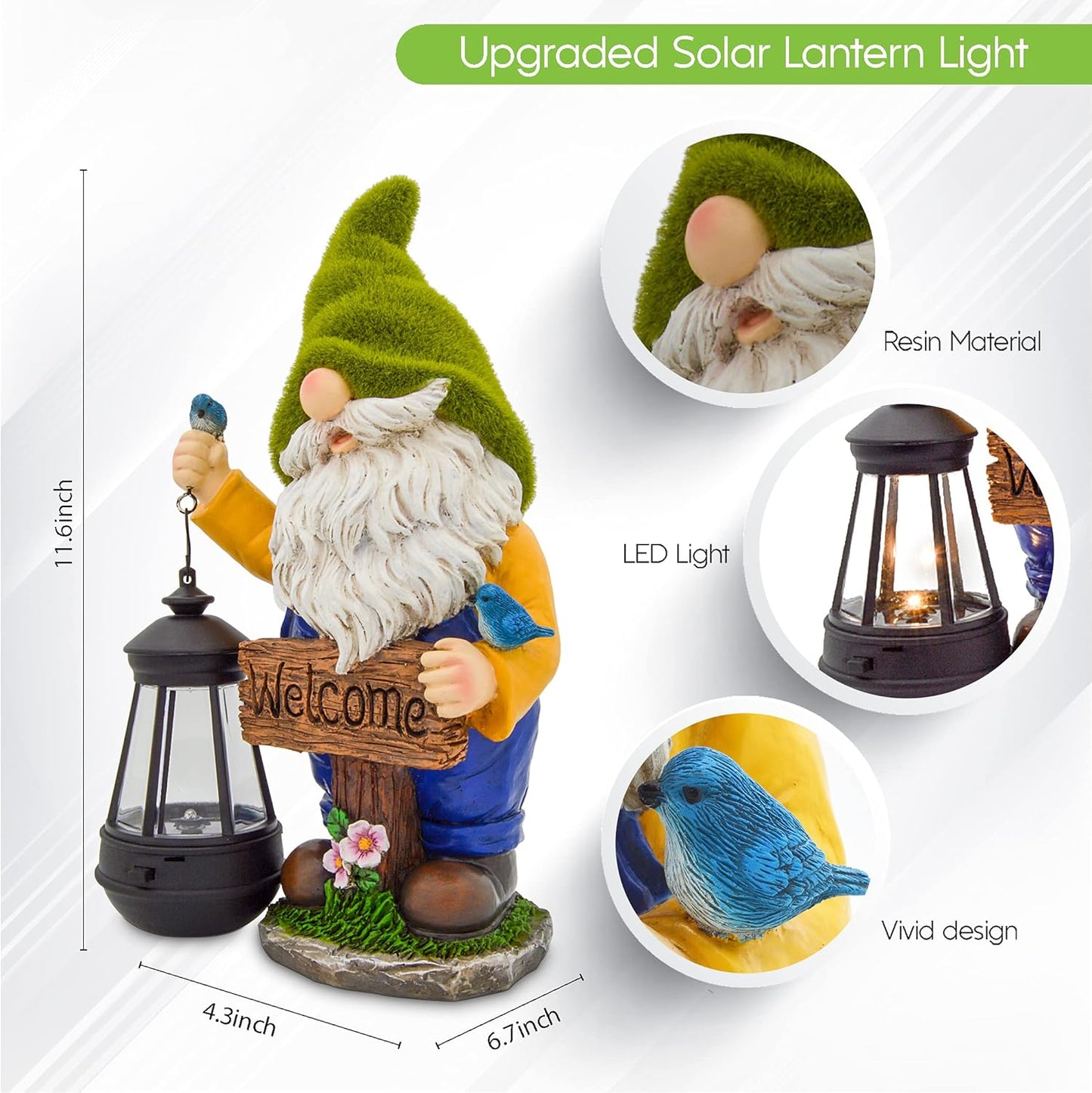 Garden Gnomes Outdoor - Flocked Gnome Statue Holding Lantern with Solar LED Lights | Gnomes Garden