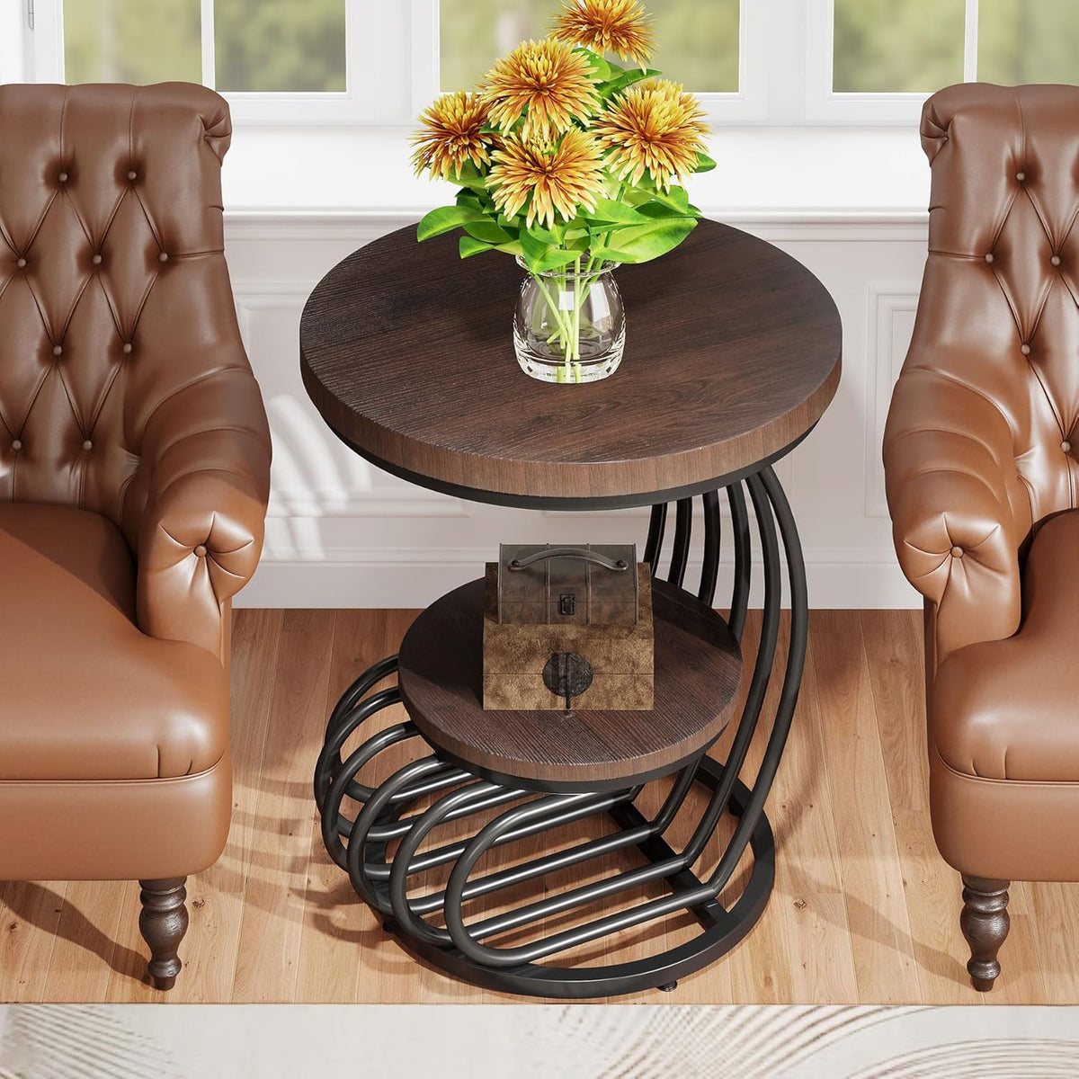 Tribesigns Round End Side Table: Side Table with 2 Tiers Storage Shelves, Vintage End Table for