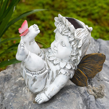 Garden Fairy Outdoor Solar Decor, Resin Ornaments for Patio Lawn Yard Porch, Playful Garden Flower