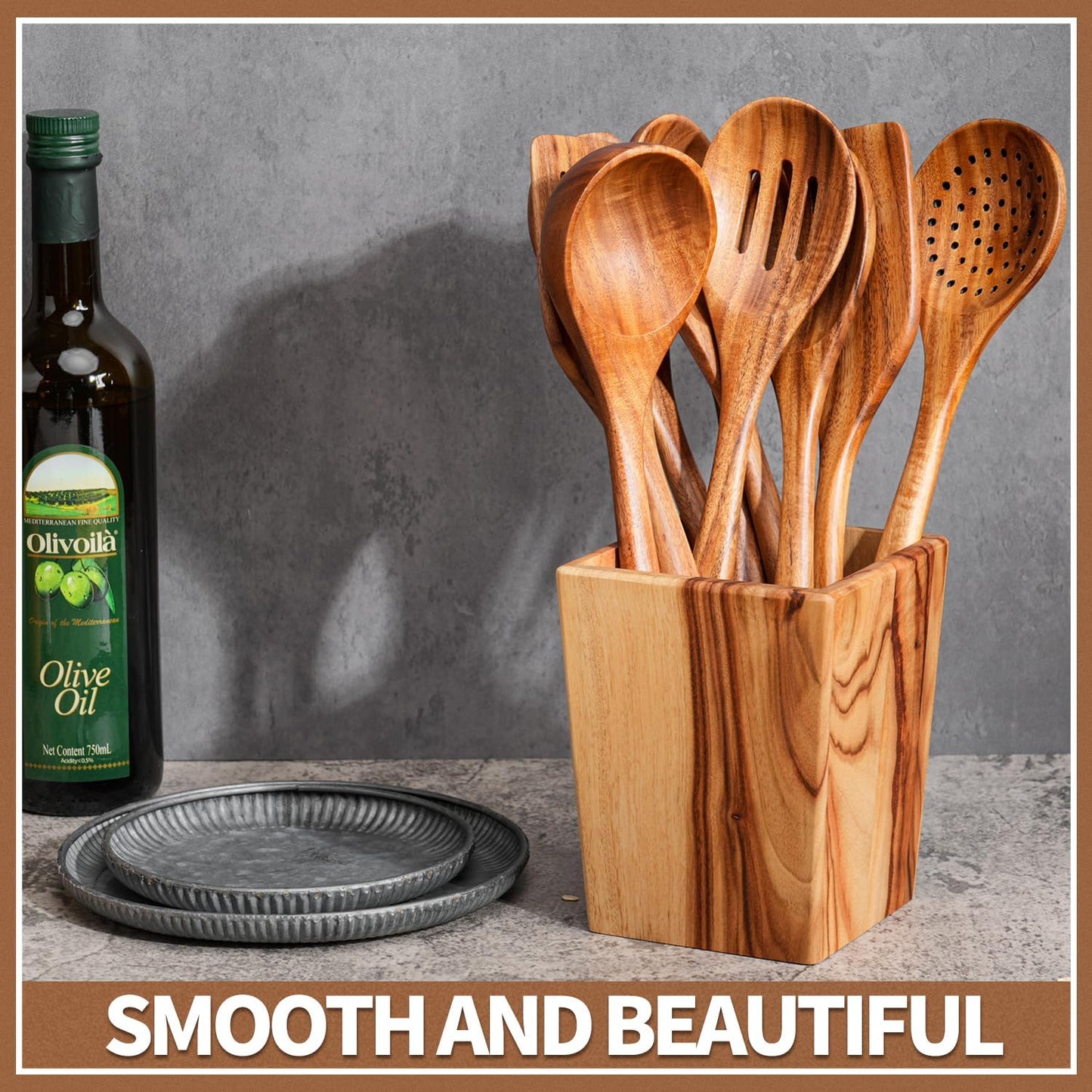 Gudamaye 13 inch Long Wooden Spoons for Cooking, 9 PCS Natural Teak Wooden Kitchen Utensil Set with