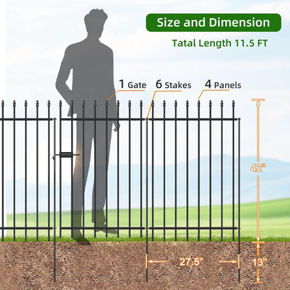 Metal Garden Fence with Gate 42 in H x 11.5 ft L, 1 Gate + 4 Panels Border Fence Panels Animal