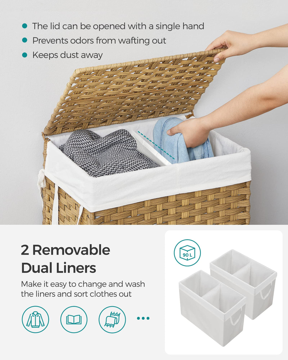 SONGMICS Laundry Hamper with Lid, 90L Wicker Laundry Basket