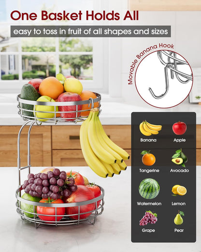 Fruit Basket for Kitchen Counter - 2-Tier Large Capacity Fruit Bowl with Detachable Banana Hanger