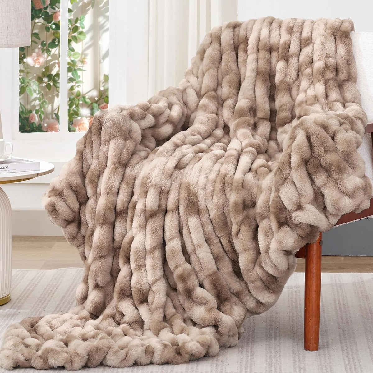 Touchat Ruched Faux Rabbit Fur Blanket, 700 GSM Luxury Dual-Sided Soft Cozy Blanket, Fuzzy Fluffy