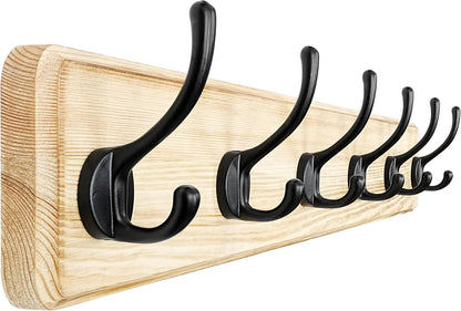 Dseap Coat Rack Wall: 24" Long, Patented, Heavy-Duty, 6-Double-Hooks Wooden Wall Mounted Coat Rack