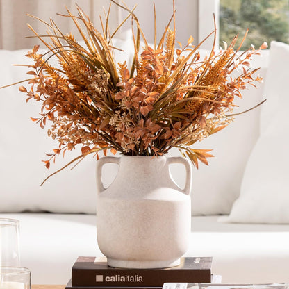 Mitt&Ditt Ceramic Flower Vase with Handles, 8 inch Tall Off-White Vase, Decorative Terracotta