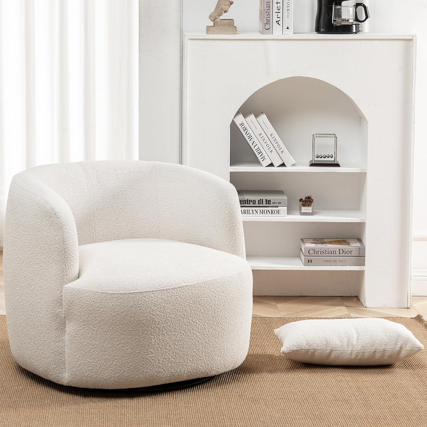 KINWELL 34" Wide Boucle Swivel Barrel Chair, No Assembly Round Upholstered Armchair Accent Chair