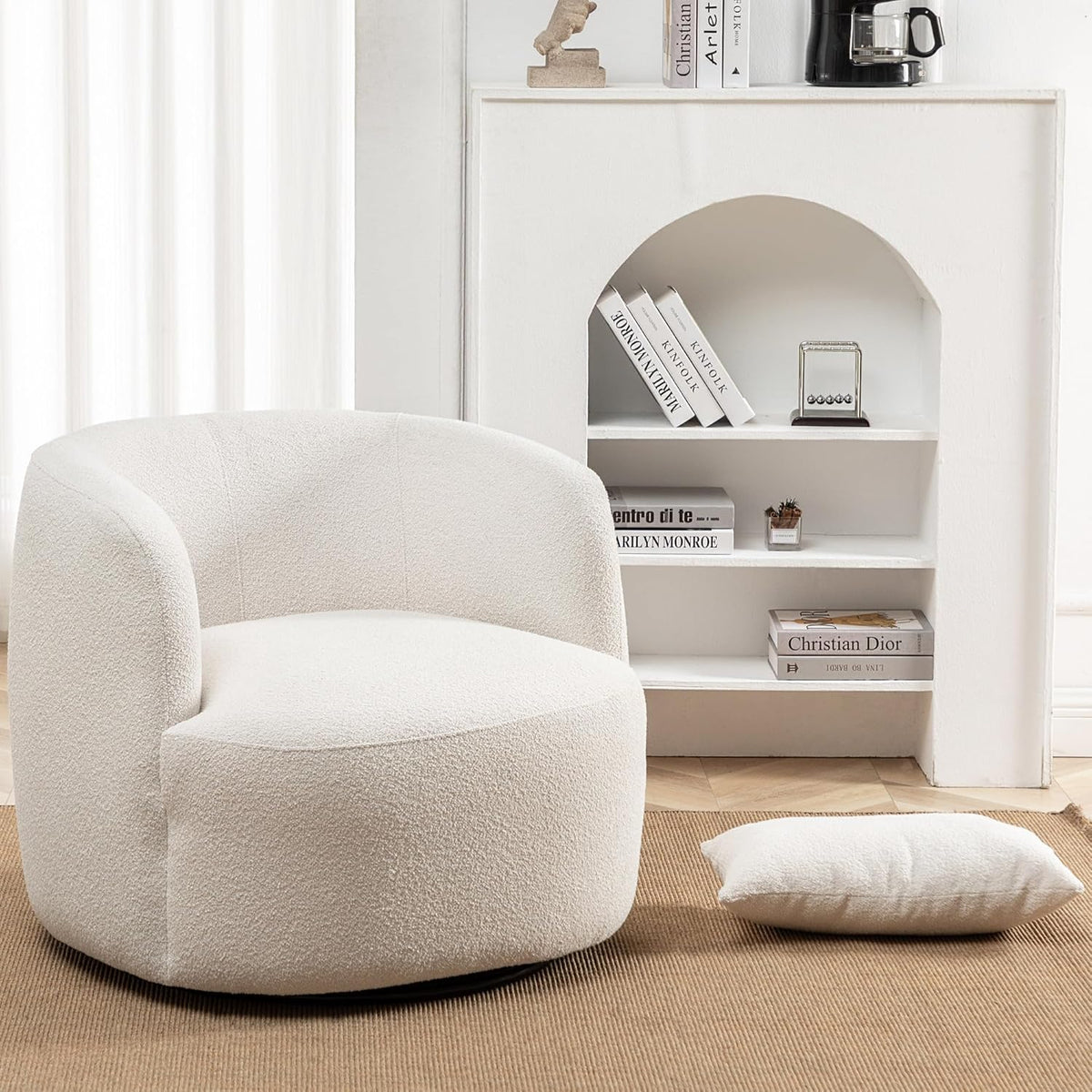 KINWELL 34" Wide Boucle Swivel Barrel Chair, No Assembly Round Upholstered Armchair Accent Chair