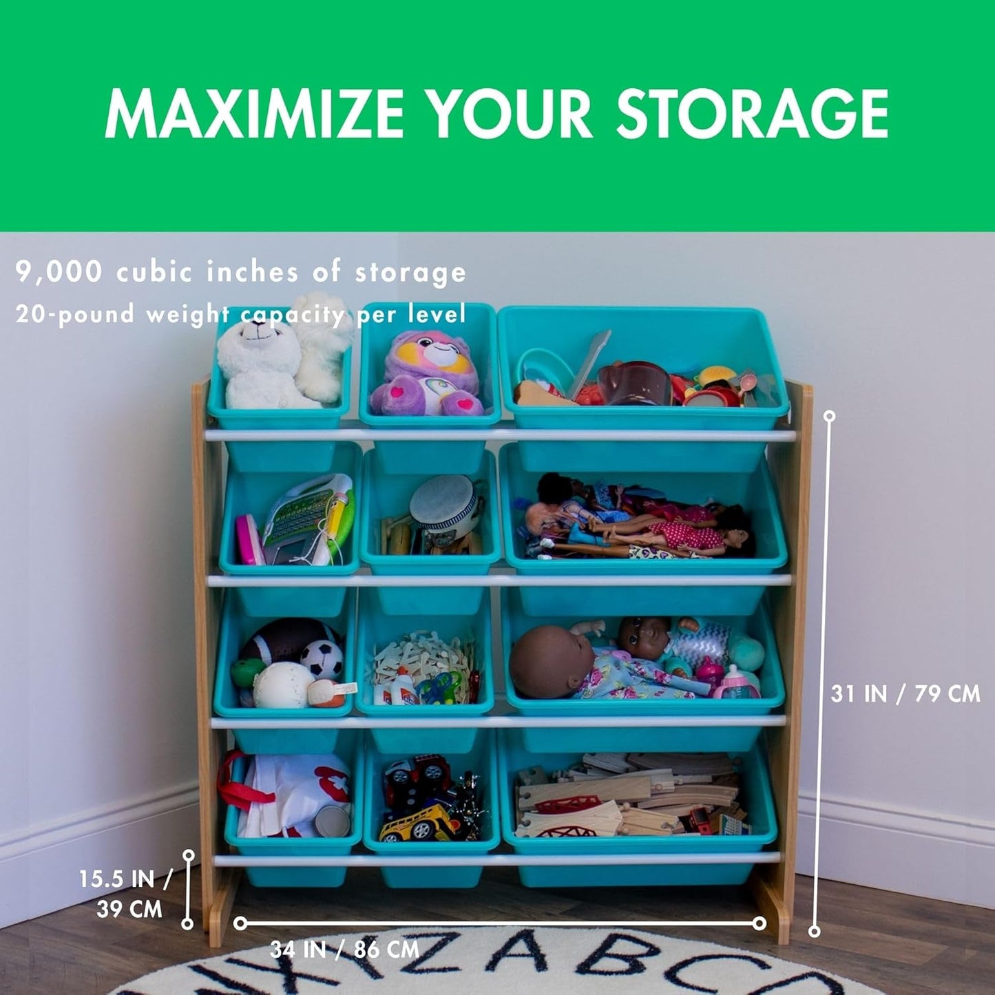 Humble Crew Kids Toy Storage Organizer with 12 Plastic Bins, Natural Wood/Aqua – Removable Bins for