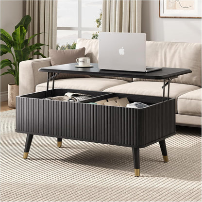 Lift Top Coffee Table with Storage Shelf & Hidden Compartment, Mid Century Modern Fluted Rectangle