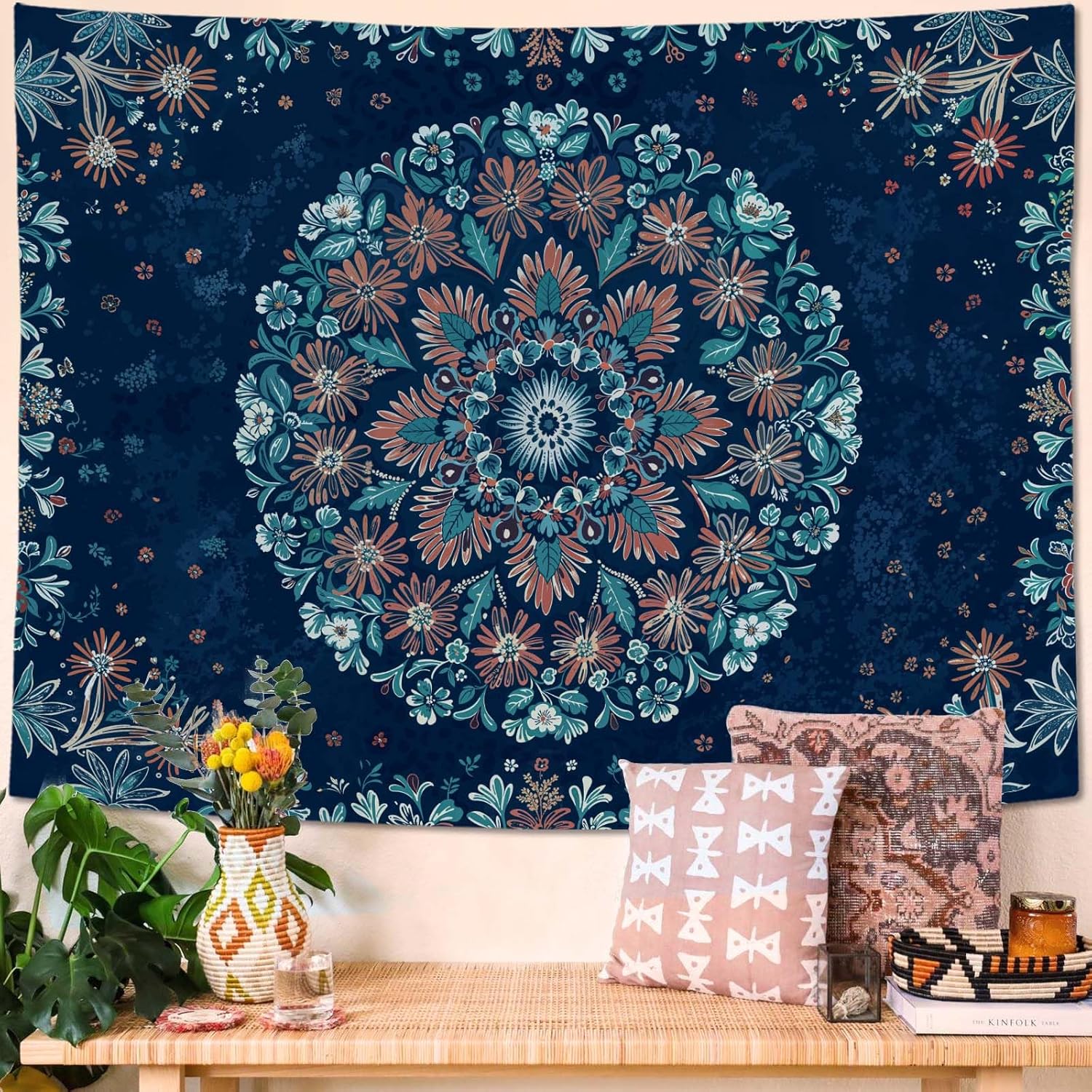 Fowocu Boho Floral Mandala Tapestry Wall Hanging Blue Bohemian Flower Medallion Tapestry Aesthetic