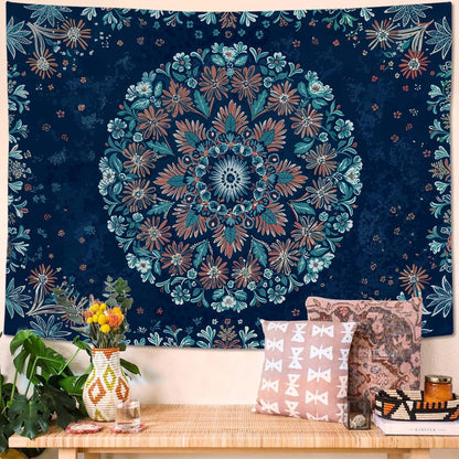 Fowocu Boho Floral Mandala Tapestry Wall Hanging Blue Bohemian Flower Medallion Tapestry Aesthetic