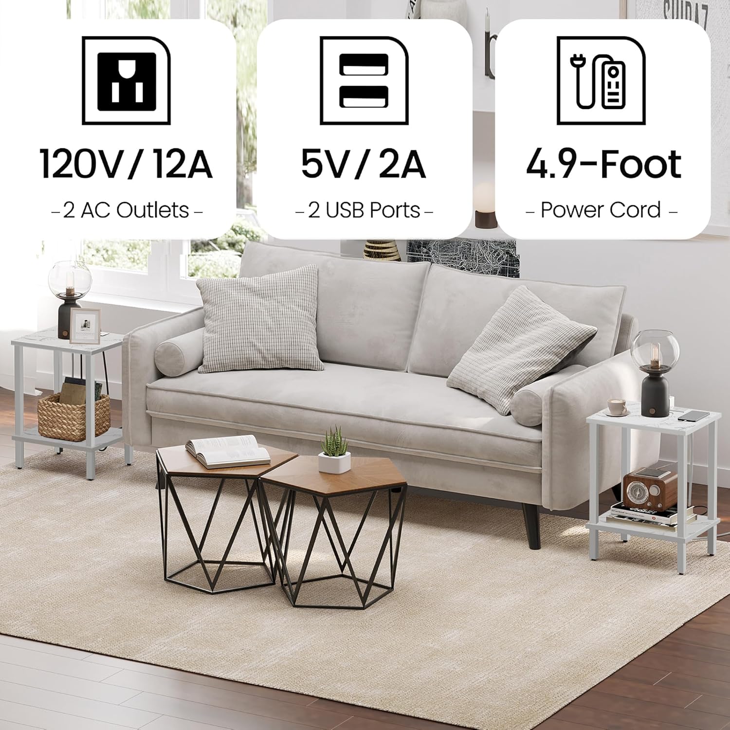 TUTOTAK End Table with Charging Station, Small Side Table with Outlets, Nightstand Bedside Table