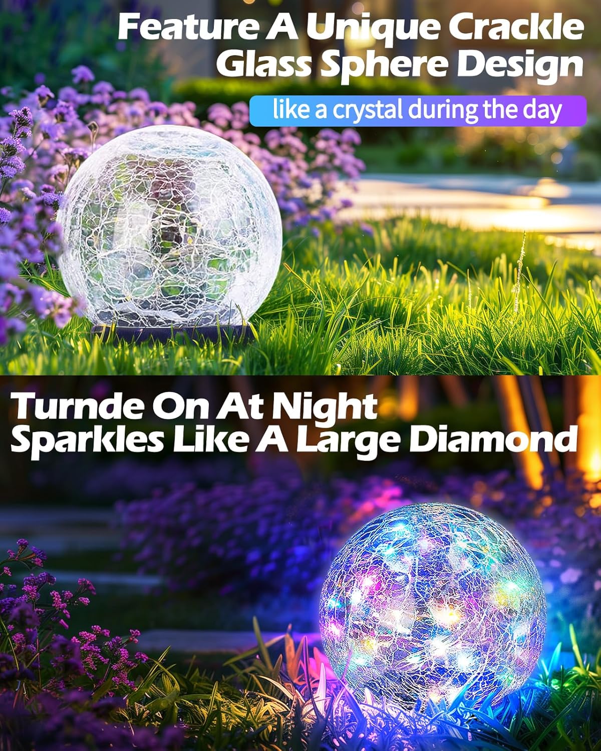 Garden Solar Ball Lights Outdoor Waterproof, 50 LED Cracked Glass Globe Solar Power Ground Lights