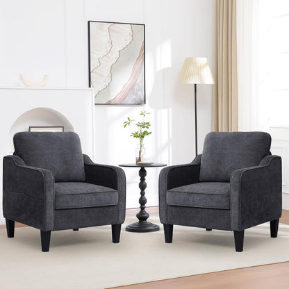 Accent Chairs Set of 2, Upholstered Living Room Chairs with Side Pockets, Mid Century Modern