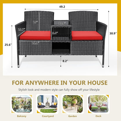 Flamaker Outdoor Furniture Patio Loveseat Wicker 2-Seat with Built-in Table and Cushions Rattan