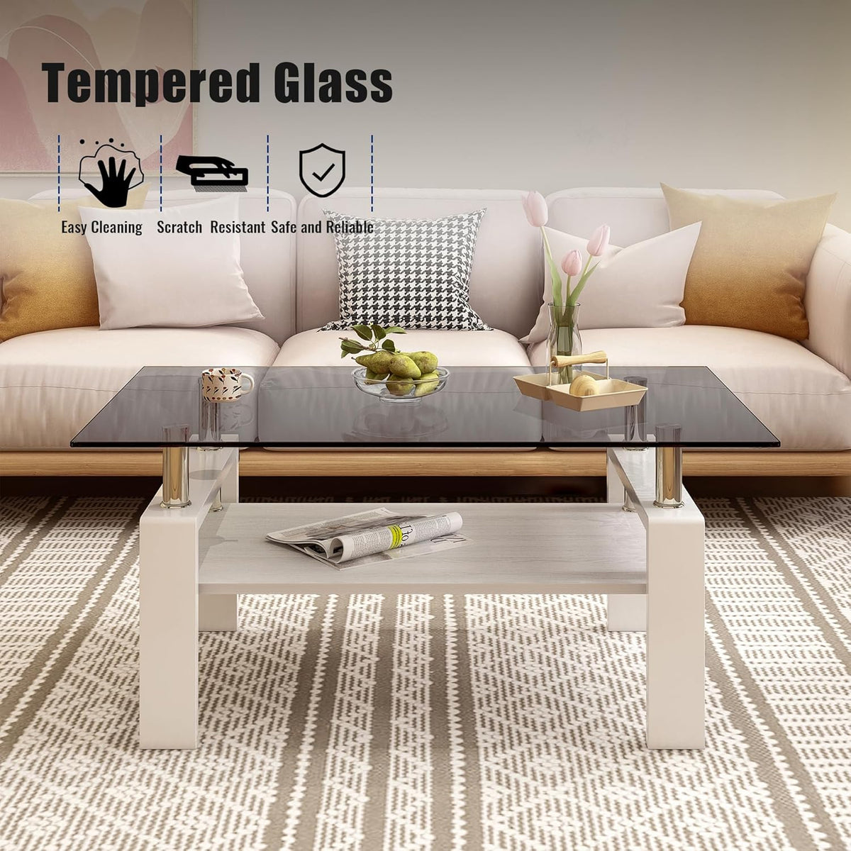 Glass Coffee Table Rectangle Living Room Center Table, with Gray Tempered Glass Tabletop and White