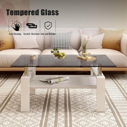 Glass Coffee Table Rectangle Living Room Center Table, with Gray Tempered Glass Tabletop and White