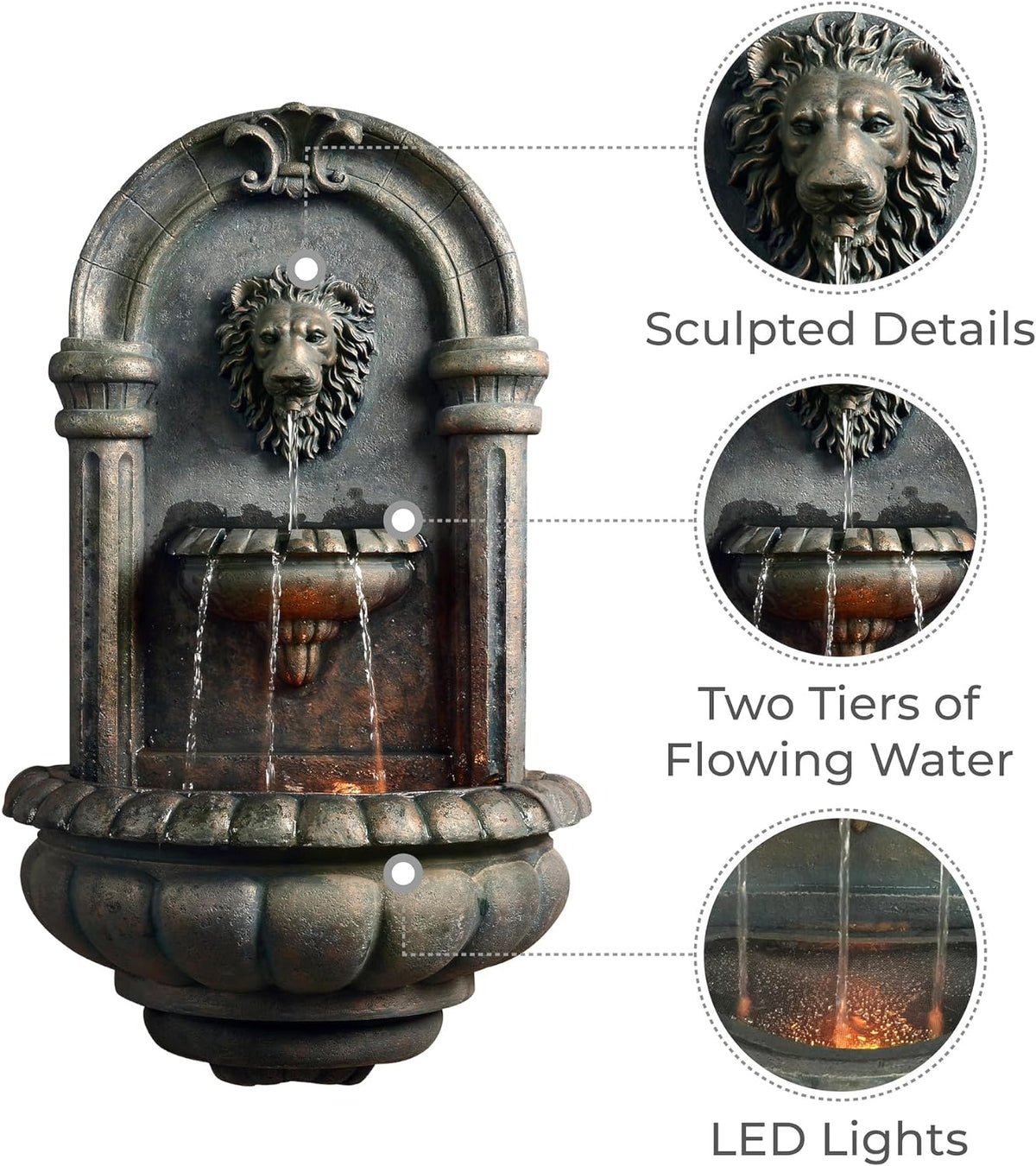 Teamson Home 32.1 in. Wall-Mounted Lion Head Stone LED Outdoor Water Fountain for Gardens