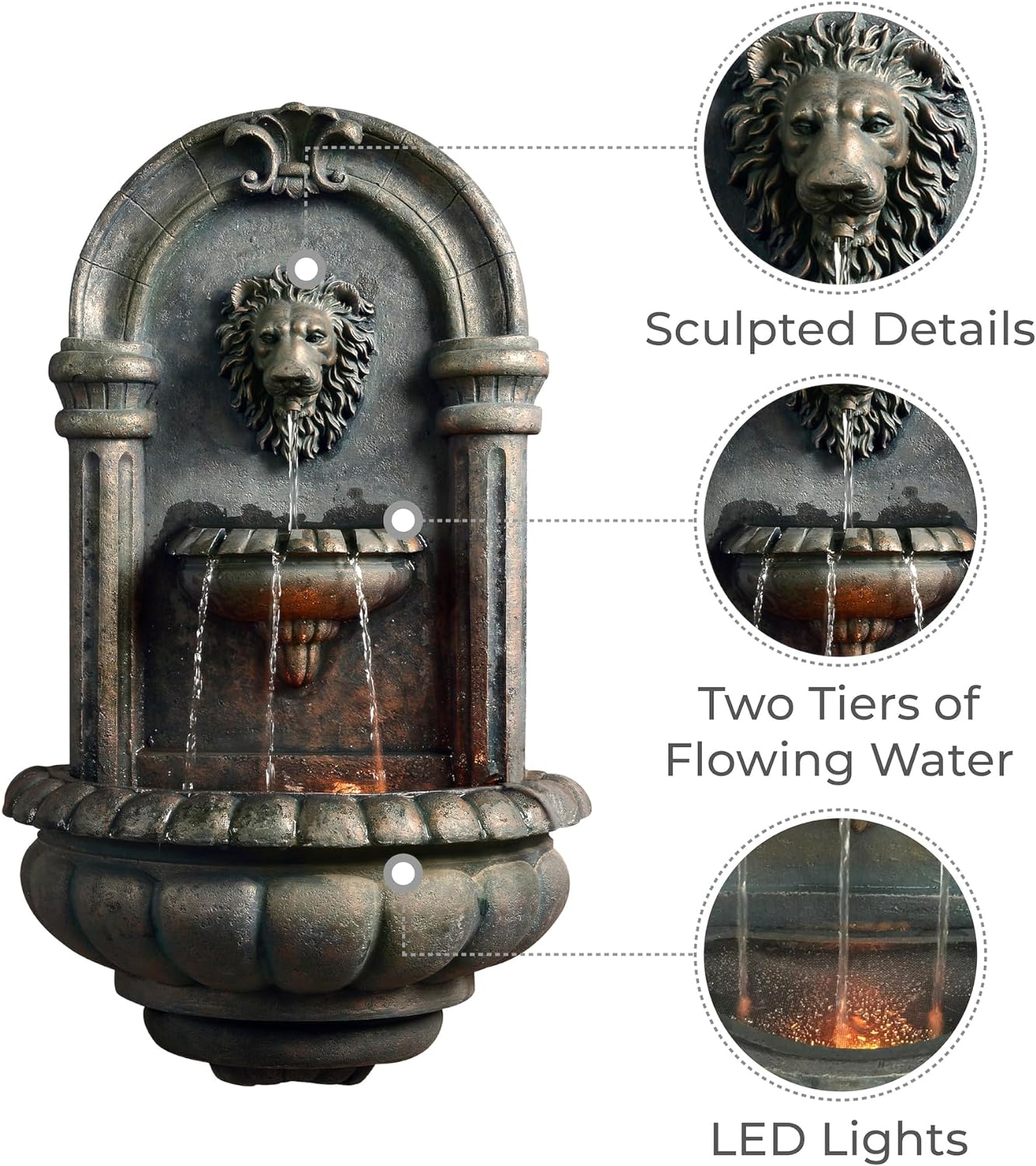 Teamson Home 32.1 in. Wall-Mounted Lion Head Stone LED Outdoor Water Fountain for Gardens
