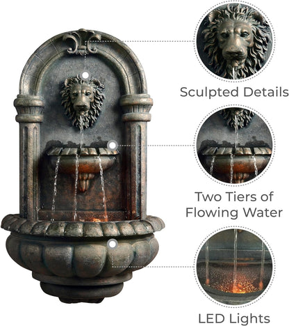 Teamson Home 32.1 in. Wall-Mounted Lion Head Stone LED Outdoor Water Fountain for Gardens