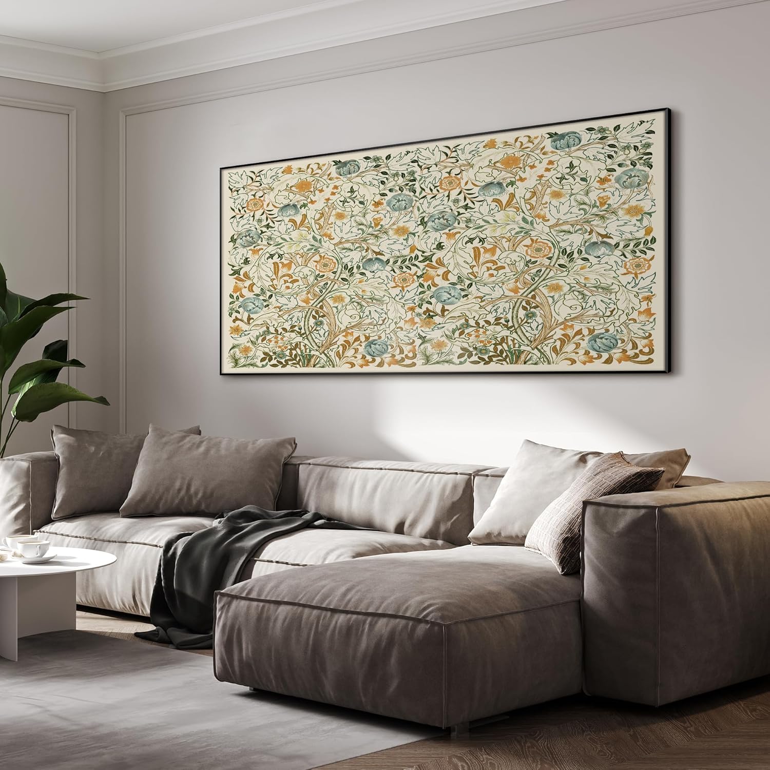 SIGNWIN 36"x72" Extra Large Framed Wall Art Vintage Botanical Floral with Golden and Teal Leaves