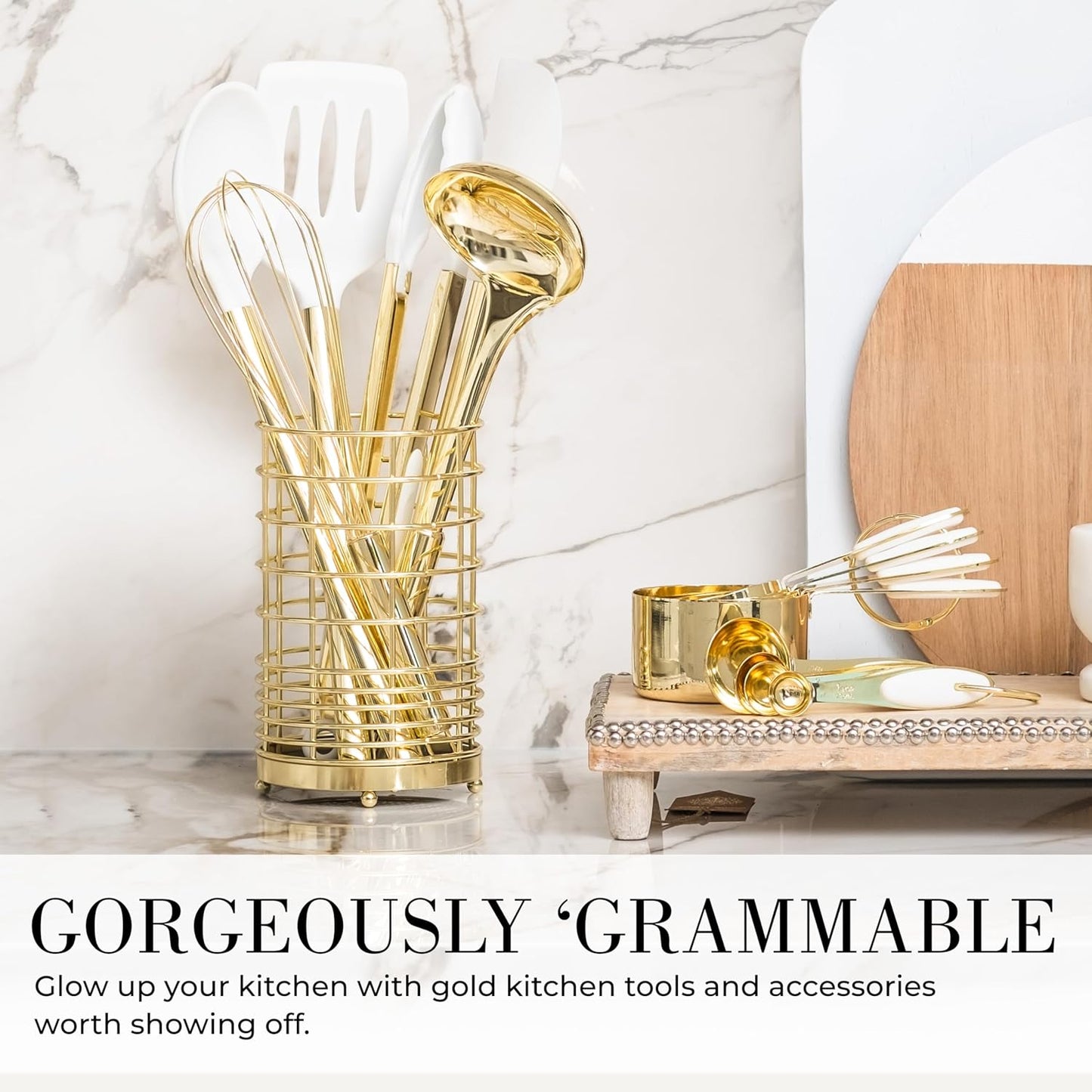 White Silicone and Gold Cooking Utensils Set with Gold Utensil Holder - 7-Piece Silicone Cooking