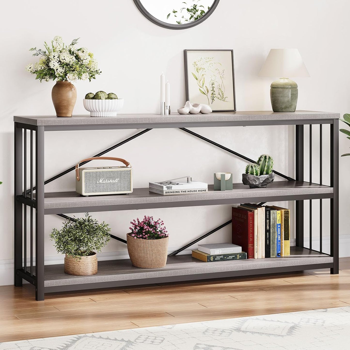 LVB Extra Long 3-Tier Sofa Table, Industrial Console Table with Storage Shelf, Modern Rustic Wood
