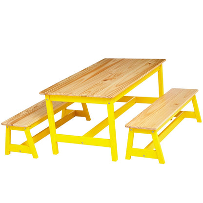 Amazon Basics Indoor Kids Table and Bench Set, Natural, solid pine wood, 3 Count (Pack of 1), Wood