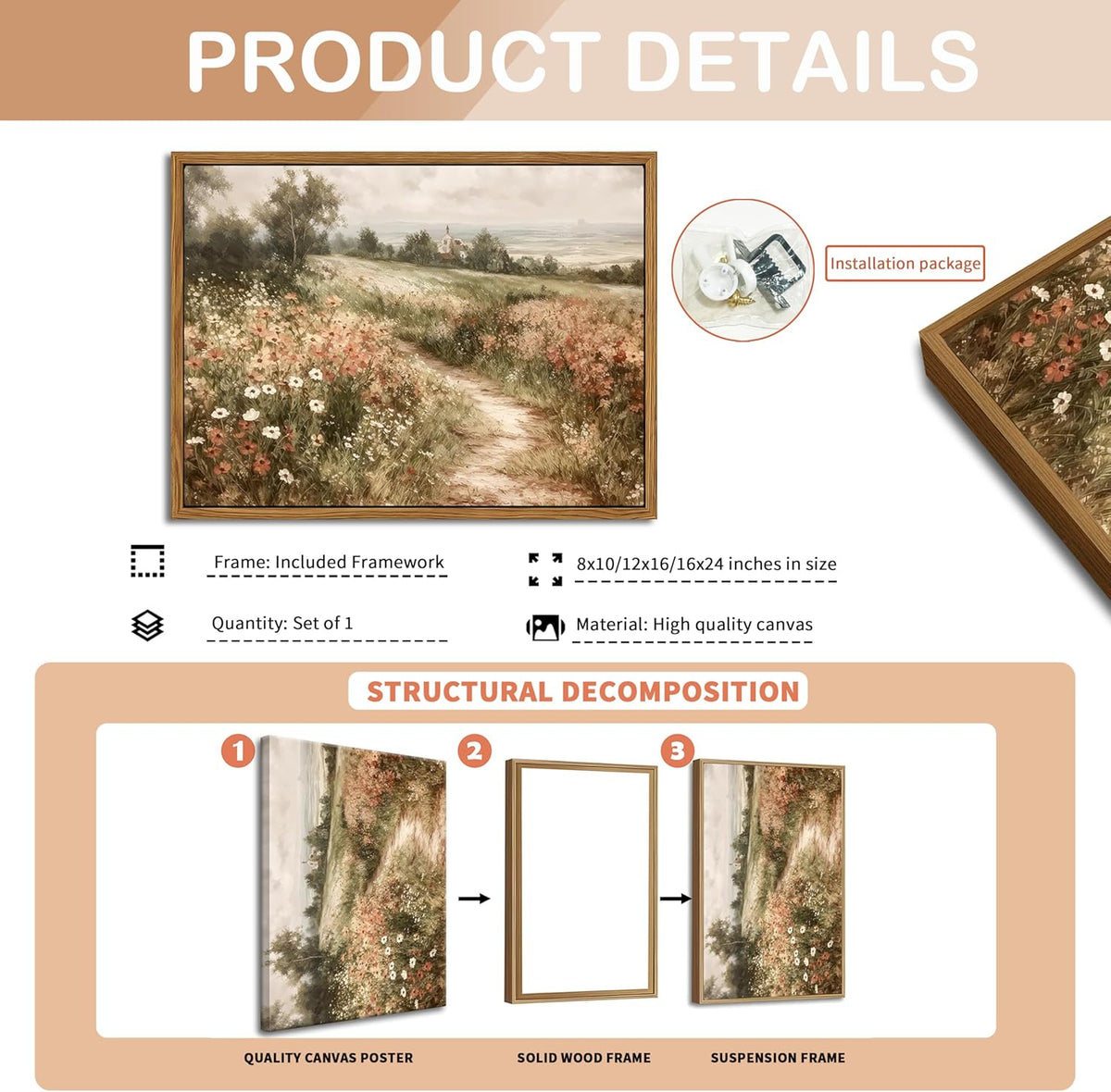 Vintage Framed Wall Art for Living Room – Vintage Wildflower Pictures Oil Paintings Canvas Prints
