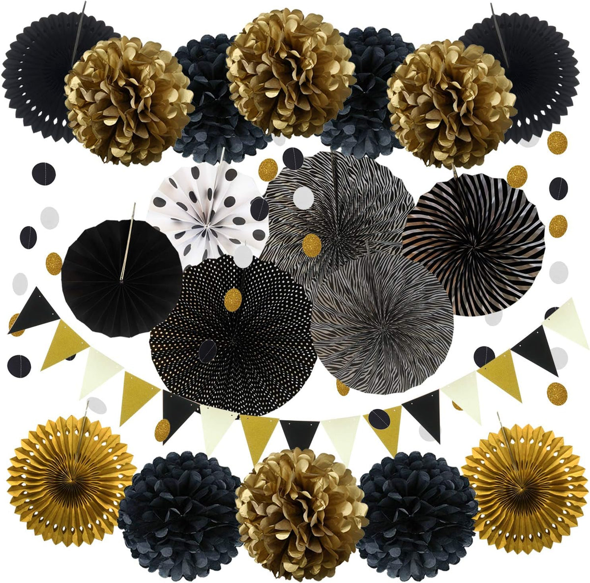 ZERODECO Party Decoration, 21 Pcs Black and Gold Hanging Paper Fans, Pom Poms Flowers, Garlands