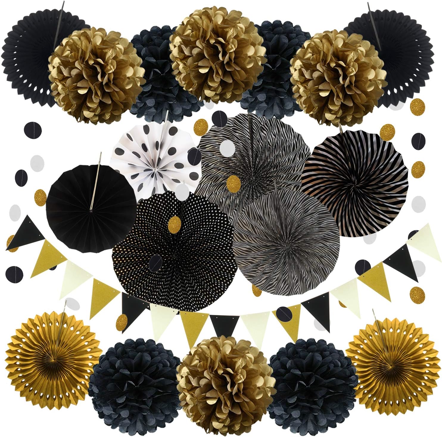 ZERODECO Party Decoration, 21 Pcs Black and Gold Hanging Paper Fans, Pom Poms Flowers, Garlands