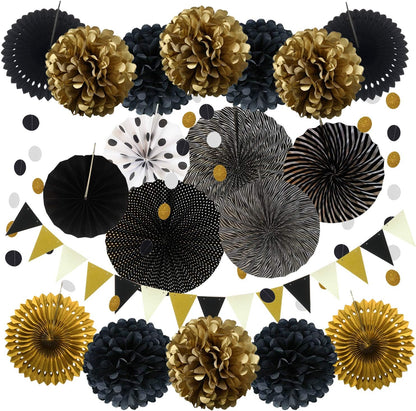 ZERODECO Party Decoration, 21 Pcs Black and Gold Hanging Paper Fans, Pom Poms Flowers, Garlands