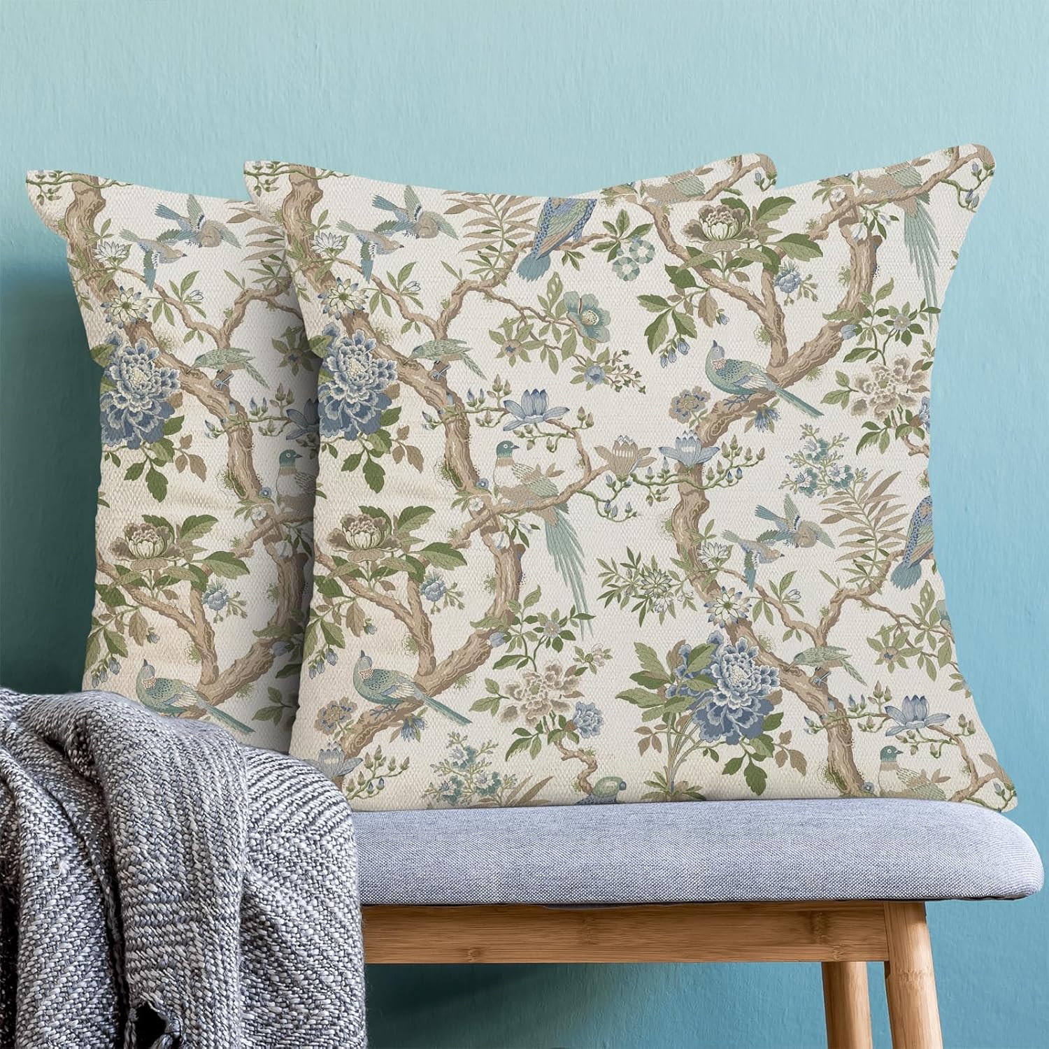 CXMEIFLY Chinoiserie Spring Pillow Covers 22 x 22 Inch Set of 2 for Blue Sage Green Vintage Flowers