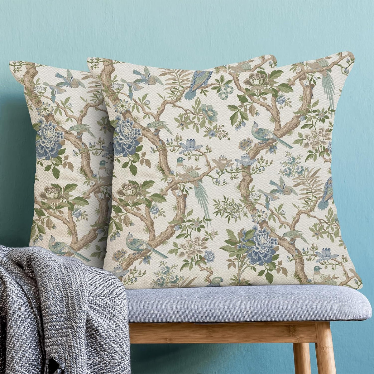 CXMEIFLY Chinoiserie Spring Pillow Covers 18 x 18 Inch Set of 2 for Blue Sage Green Vintage Flowers