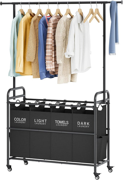 Tajsoon Laundry Sorter Cart with Hanging Clothes Rack, 4 Butler Sorter Basket Organizer, Laundry