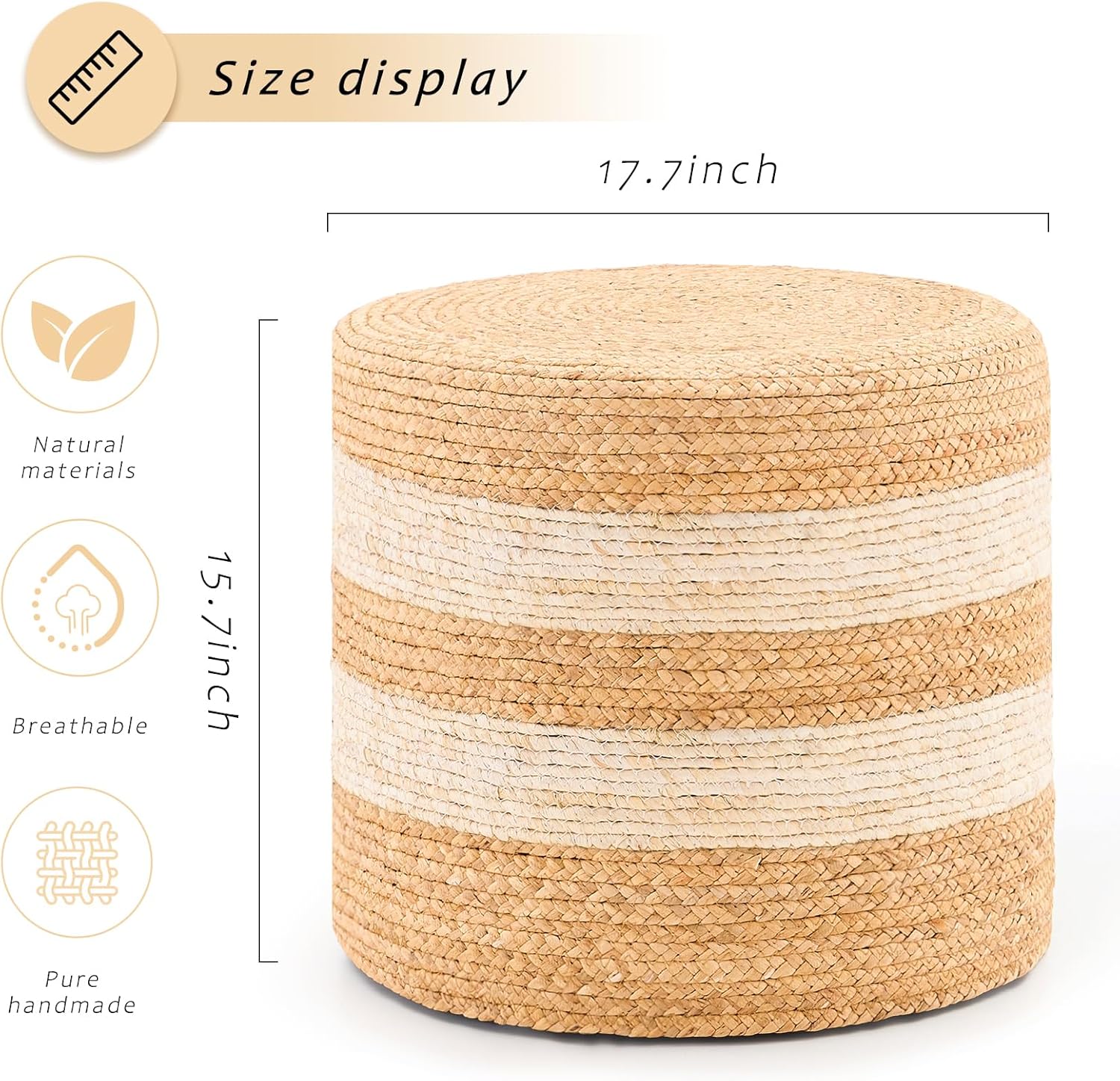 Handwoven Ottoman Pouf, Natural Water Hyacinth Footstool, Round Braided Outdoor Seat with Sturdy