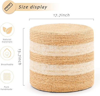 Handwoven Ottoman Pouf, Natural Water Hyacinth Footstool, Round Braided Outdoor Seat with Sturdy