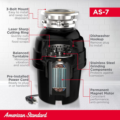 American Standard 10-US-AS-7 Garbage Disposal Anti-Jam Stainless Steel Food Waste Grinding System