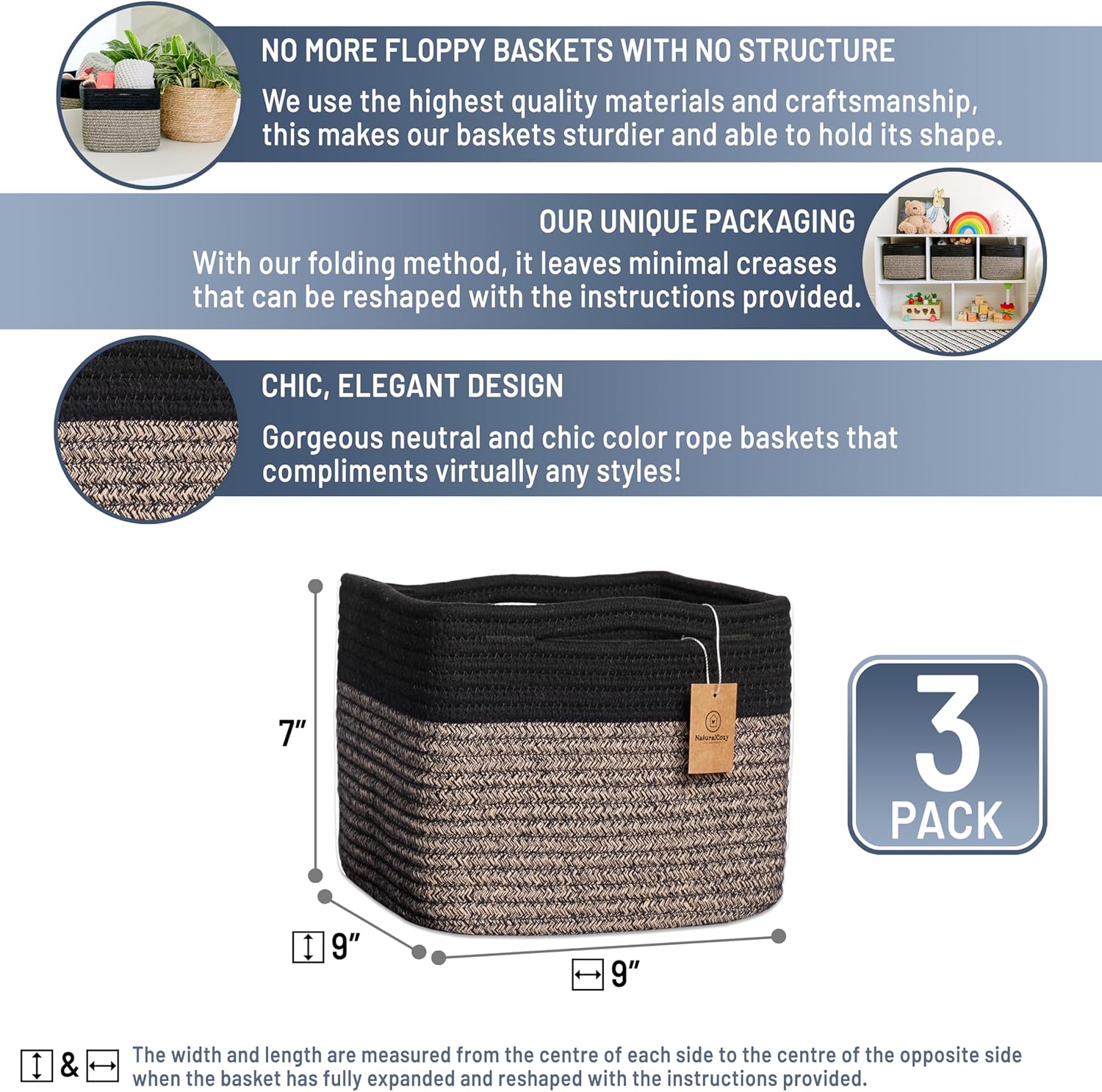 NaturalCozy Storage Cubes 9”x9”x7”Cotton Rope Woven Baskets for Organizing 3-Pack | 9 Inch Cube