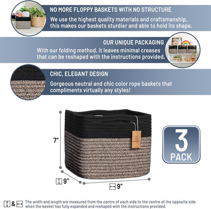 NaturalCozy Storage Cubes 9”x9”x7”Cotton Rope Woven Baskets for Organizing 3-Pack | 9 Inch Cube