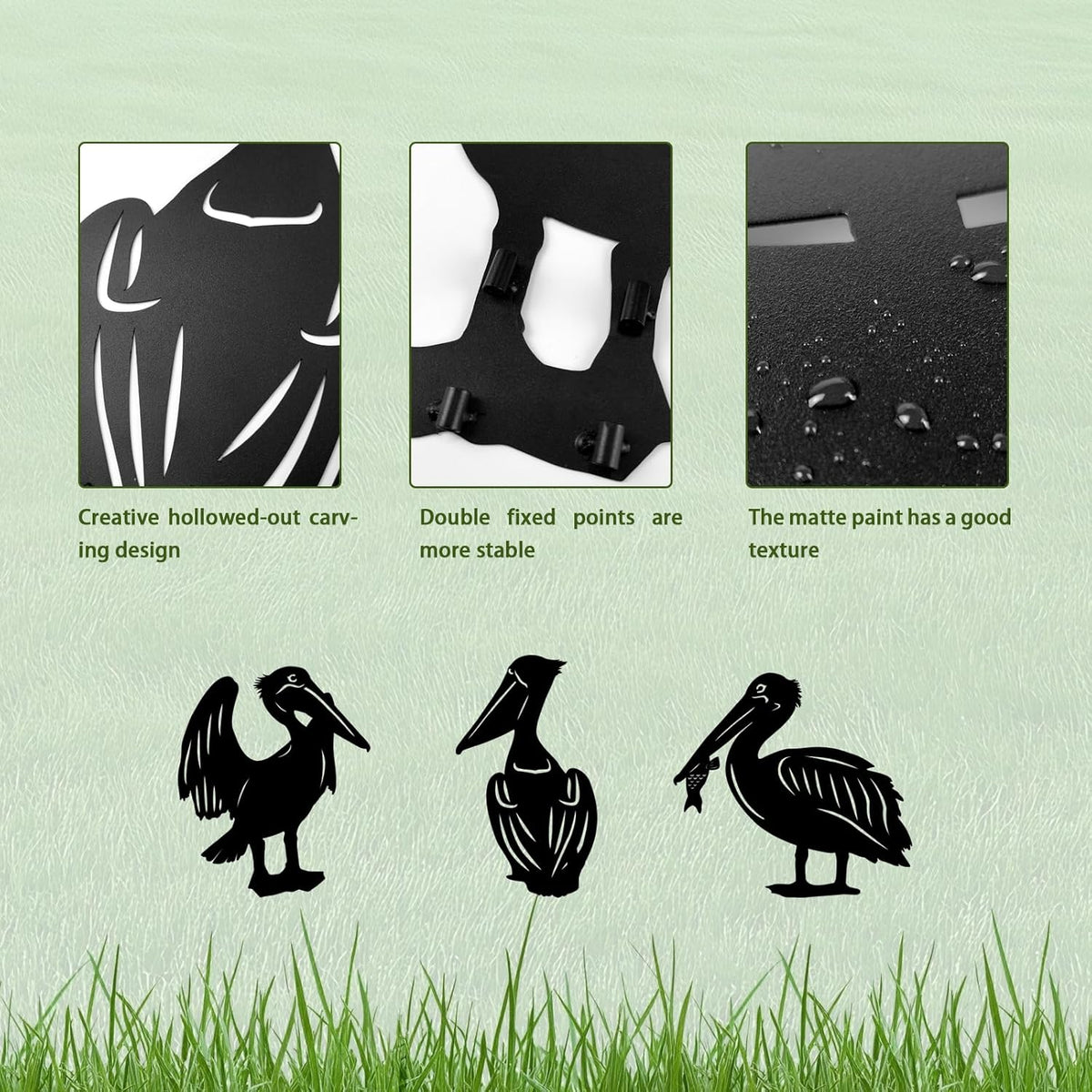 3 Pack Pelican Metal Garden Decorative Stakes, Weather Proof Silhouette Statues for Yard