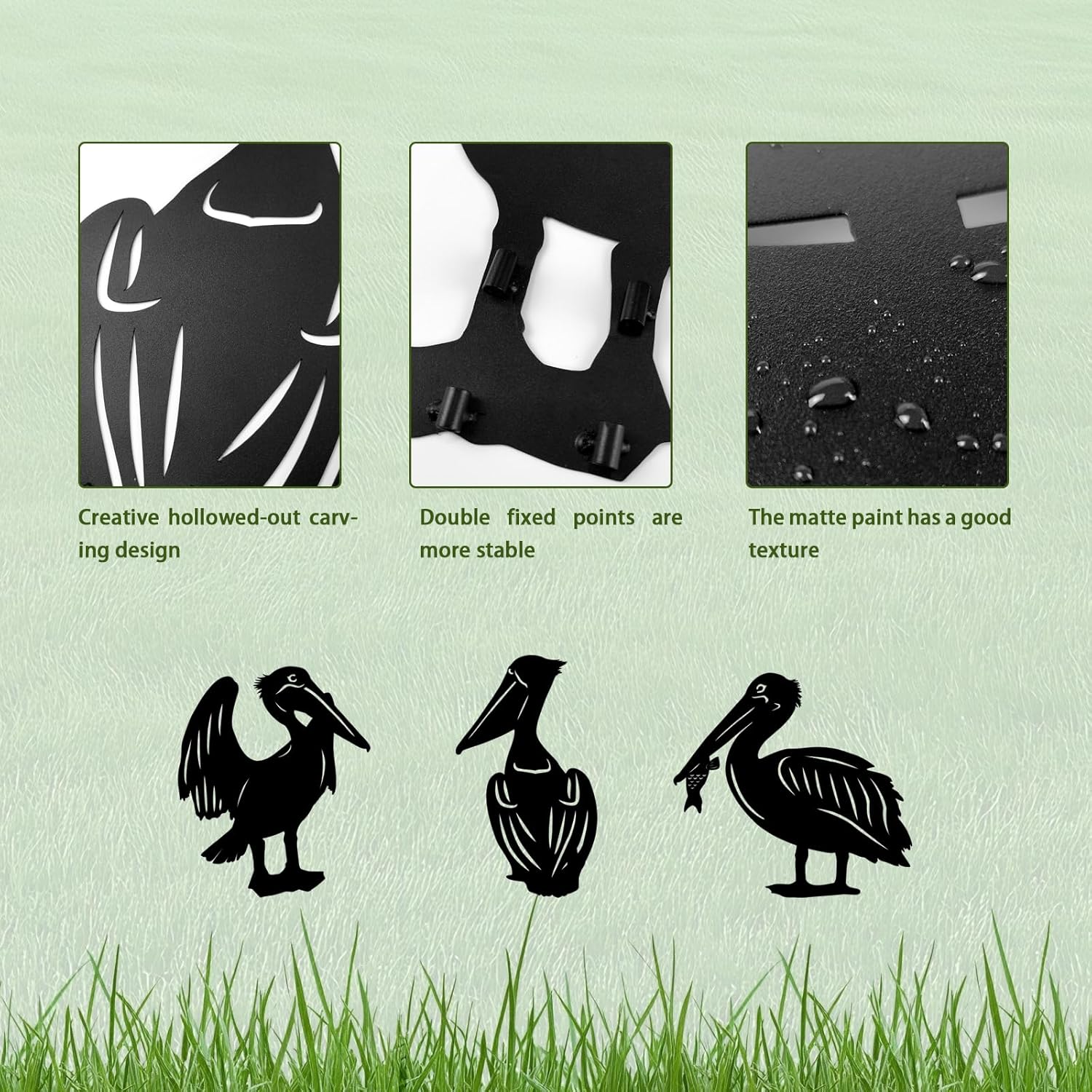 3 Pack Pelican Metal Garden Decorative Stakes, Weather Proof Silhouette Statues for Yard