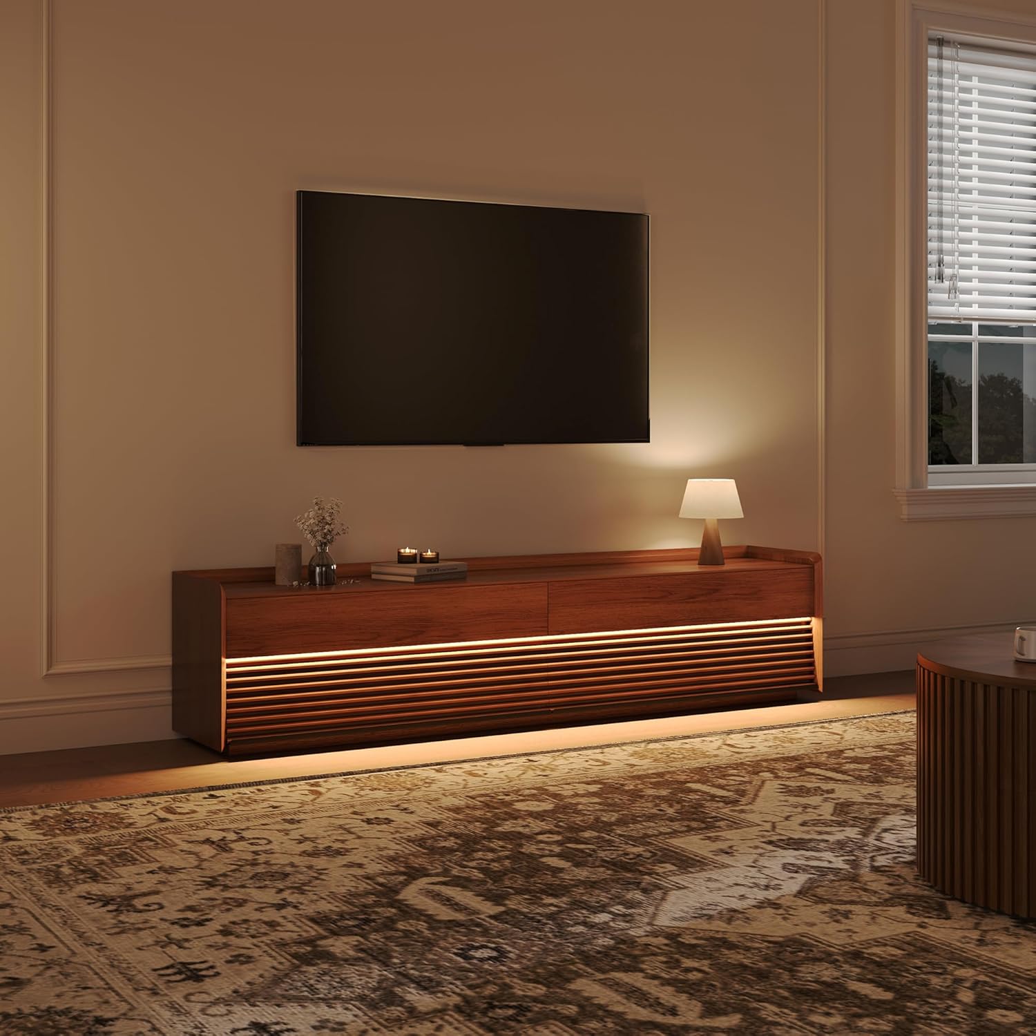 POVISON Fully-Assembled Mid Century Modern TV Stand, 78.74" Wood Media Console with Adjustable LED