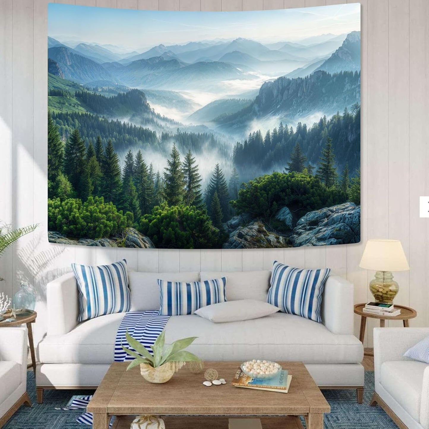 AMM Nature Forest Mountain Tapestry Green Misty Pine Tree Tapestry for Bedroom Aesthetic Foggy