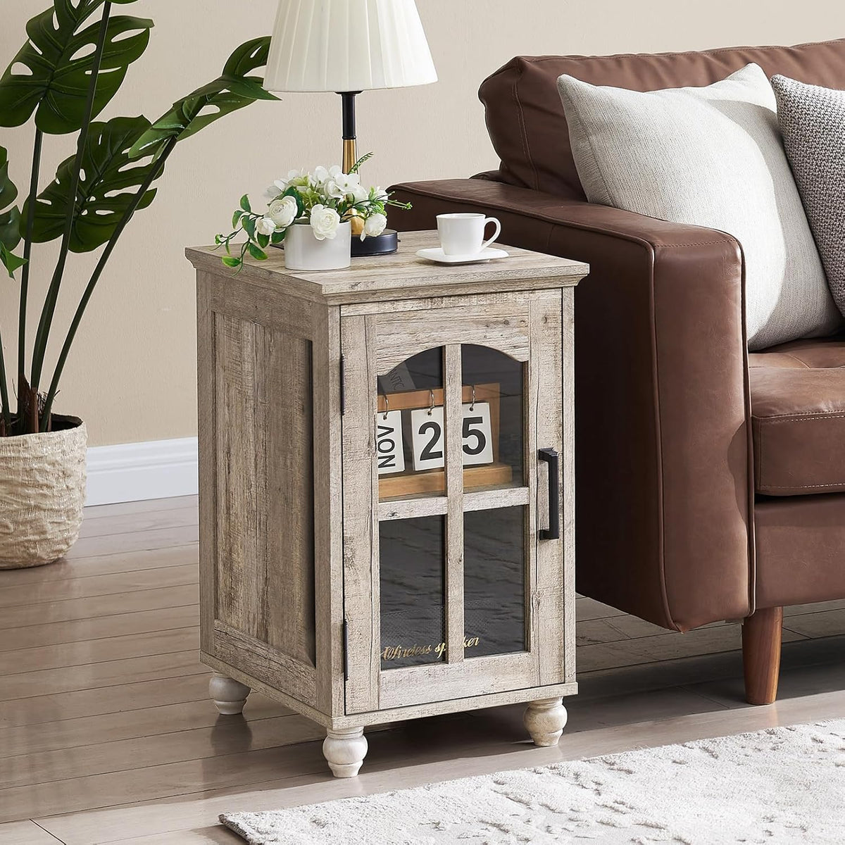 Narrow Side Table,Farmhouse Nightstand with Charging Station,Wood End Table with Glass Barn Door