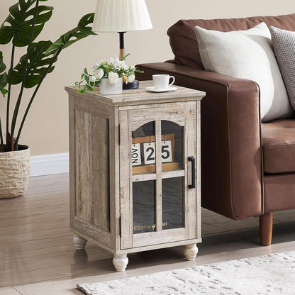 Narrow Side Table,Farmhouse Nightstand with Charging Station,Wood End Table with Glass Barn Door