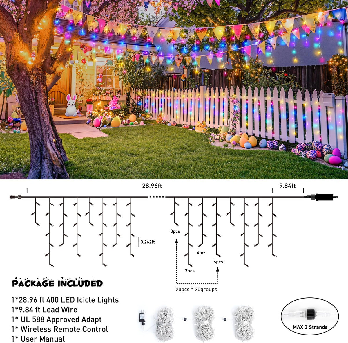 JMEXSUSS 400 LED 38.8 FT Easter Lights String Outdoor, Connectable Pastel Icicle Lights Indoor